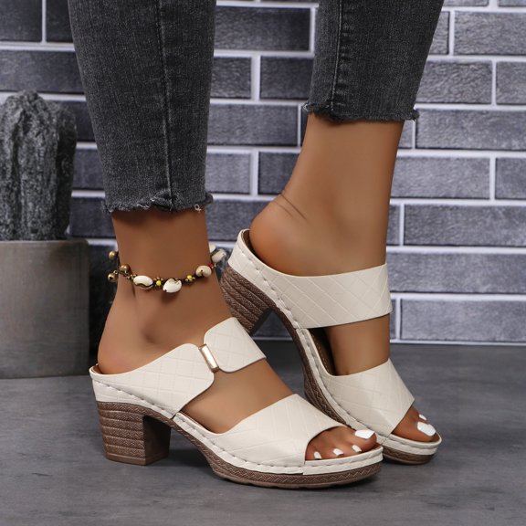 Willtoo Women's Chunky Block Heel Sandals - Open Toe Slip-On Ankle Strap Slides with Adjustable Buckle, for Casual & Evening Wear Beige US-10（EU-43）