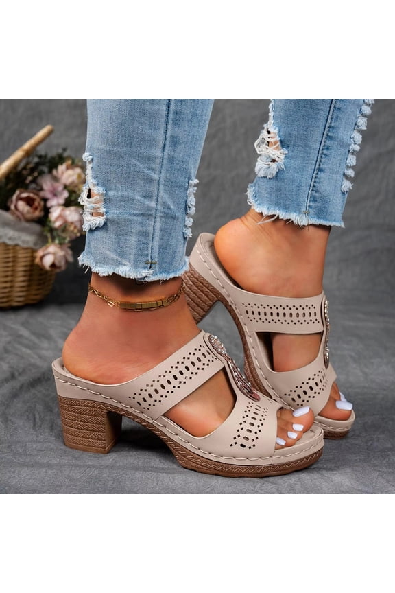 Women's Chunky Block Heel Sandals - Open Toe Slip-On Ankle Strap Slides with Adjustable Buckle, for Casual & Evening Wear. Beige US-8(EU-40)