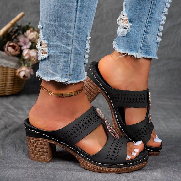 Willtoo Women's Chunky Block Heel Sandals - Open Toe Slip-On Ankle Strap Slides with Adjustable Buckle, for Casual & Evening Wear. Black US-8（EU-40）