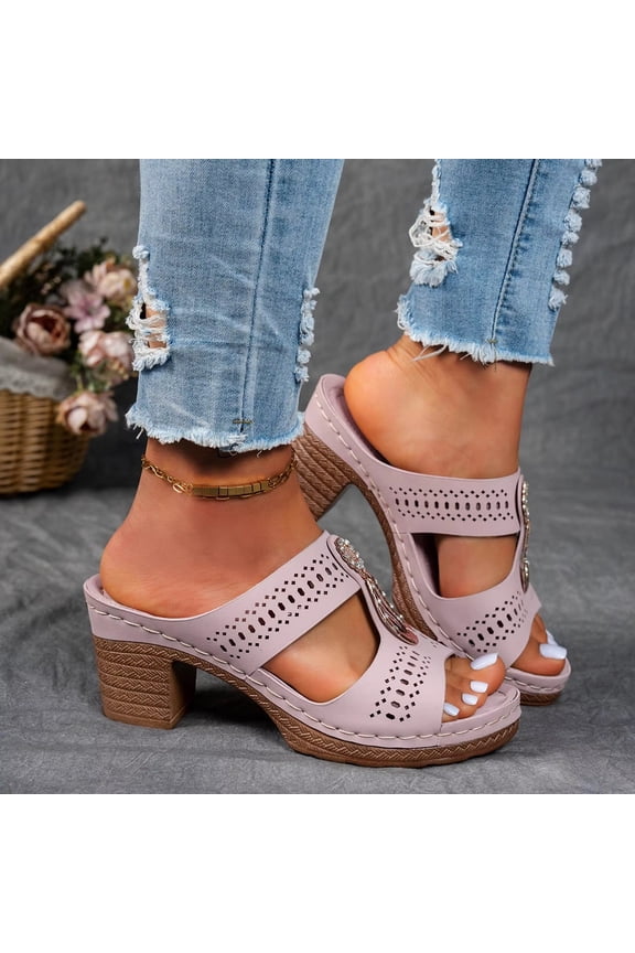 Women's Chunky Block Heel Sandals - Open Toe Slip-On Ankle Strap Slides with Adjustable Buckle, for Casual & Evening Wear. Pink US-7(EU-38)
