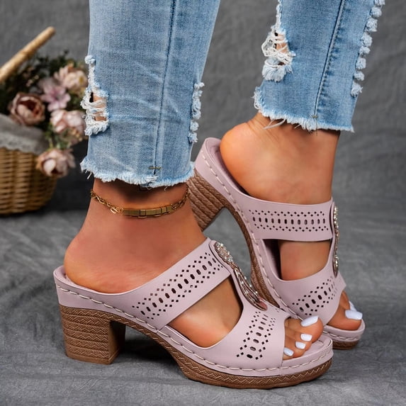 Willtoo Women's Chunky Block Heel Sandals - Open Toe Slip-On Ankle Strap Slides with Adjustable Buckle, for Casual & Evening Wear. Pink US-9(EU-42)