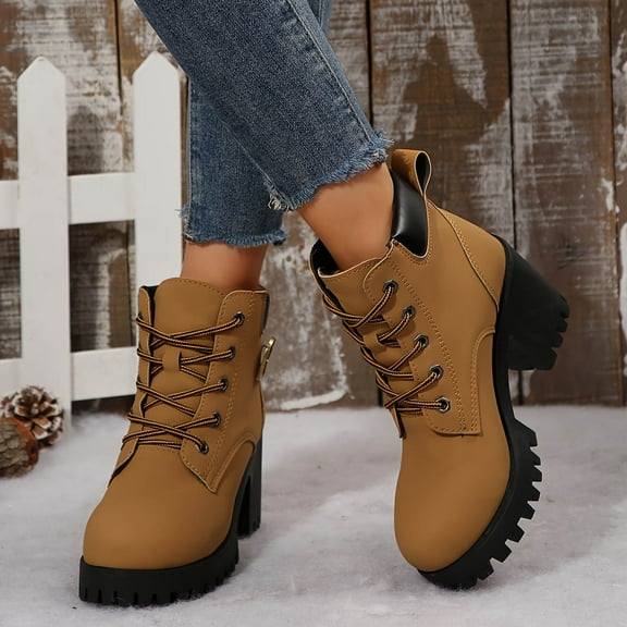 Willtoo Women's Chunky Heel Lace-Up Ankle Boots, Comfortable Fashion Boots Yellow