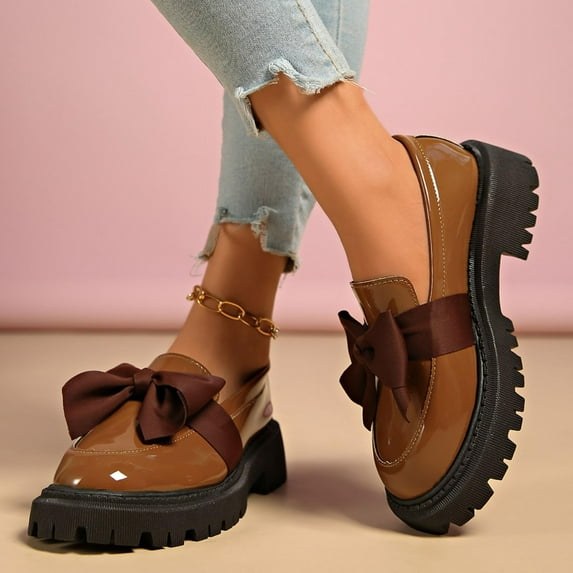 Willtoo Women's Chunky Heel Loafers with Bow, Slip On Platform Shoes, Solid Color Comfortable Loafers for Casual and Business Wear Khaki