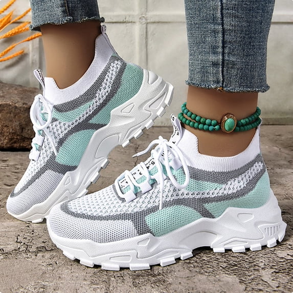 Willtoo Women's Chunky Knit Mesh Y2K Fashion Sneakers, Lightweight Soft Sole Walking Running Shoes for Casual Daily Comfort Green