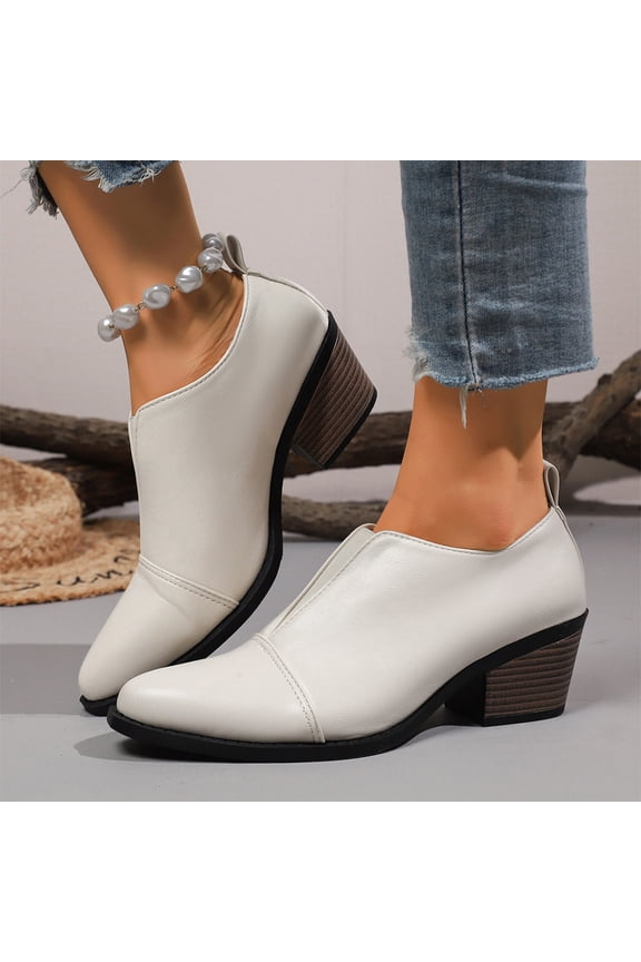Women's Chunky Low Heel Ankle Booties Fashion V Cut Stacked Low Heeled Booties Comfortable Slip on Pointed Toe Casual Dress Pumps