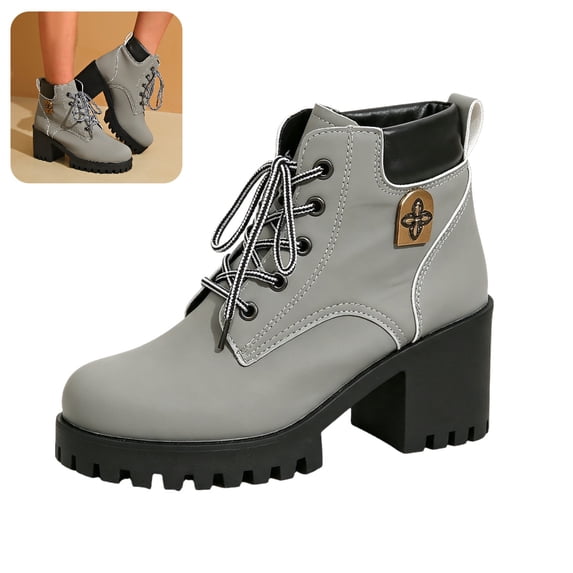 Willtoo Women's Chunky Platform Boots Block Heel Round Toe Lace Up Ankle Booties Trim and Decorative Metal Streetwear Shoes