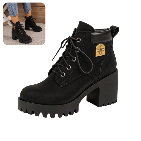 Willtoo Women's Chunky Platform Boots Block Heel Round Toe Lace Up Ankle Booties Trim and Decorative Metal Streetwear Shoes