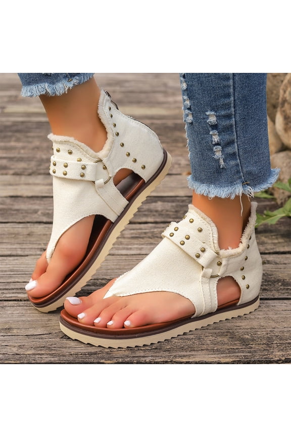 Women's Clip-Toe Flip Flops Studded Canvas Flat Sandals,Summer Fashion Buckle-Strap Back Zipper Orthopedic Open Toe Flops,Casual Fringe Boho Comfy Slip on Beach Slippers