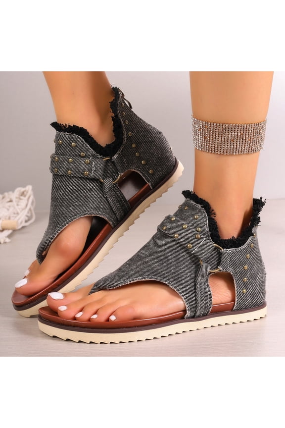 Women's Clip-Toe Flip Flops Studded Canvas Flat Sandals,Summer Fashion Buckle-Strap Back Zipper Orthopedic Open Toe Flops,Casual Fringe Boho Comfy Slip on Beach Slippers