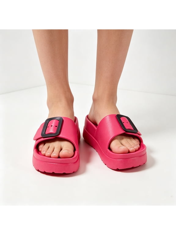 Women's Comfort Slides Non-Slip Lightweight Flat Beach Sandals Adjustable Buckle Sandals with Arch Support, Waterproof Non-Slip Summer Slippers