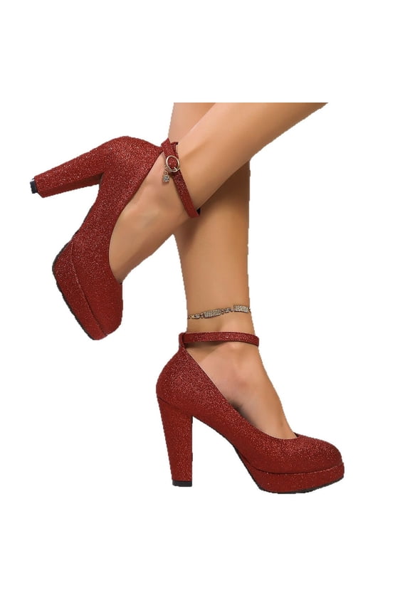 Women's Comfort Work Pumps with Ankle Strap & Chunky Low Block Heel for Professionals Red