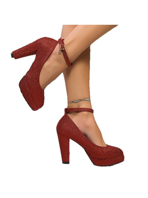 Women's Comfort Work Pumps with Ankle Strap & Chunky Low Block Heel for Professionals Red