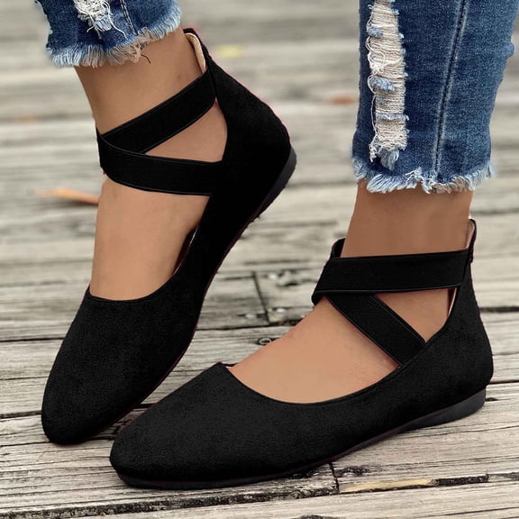 Willtoo Women's Comfortable Fashion Elastic Ankle Straps Flats Shoes, Flat Shoes Dressy Ballet Flats with Stretch Ankle Straps Square Toe Slip on Walking Shoes Yoga Flat Shoes Slip On Loafers Black