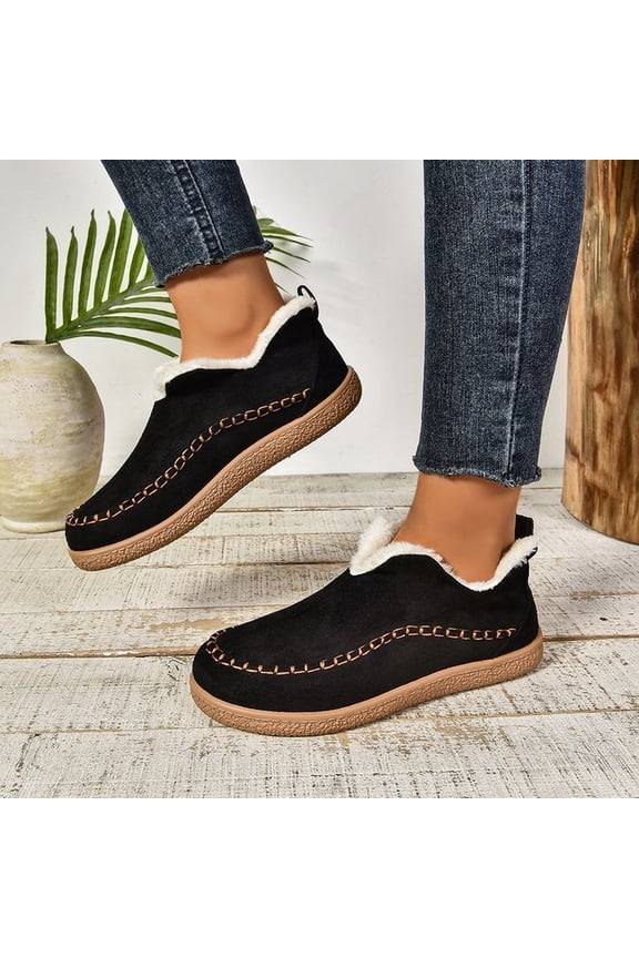 Women's Cozy Fleece-Lined Slip-On Ankle Boots, Winter Suede Flat Plush Shoes, Casual Outdoor Fluffy Snow Warm Loafer Black