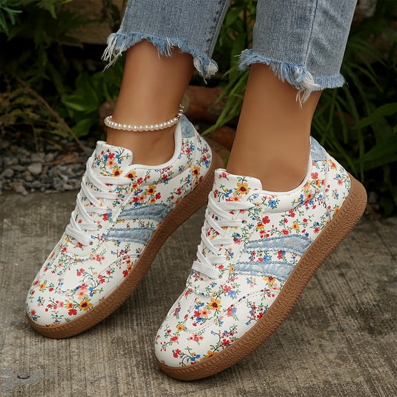 Willtoo Women's Ditsy Floral Casual Flat Lace-Up Sneakers, Versatile Sporty Autumn Walking Shoes, Cute Floral Print Tennis