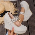 thumbnail image 1 of Willtoo Women’s Double Buckle Mary Jane Wedge Pumps, Faux Suede Platform Closed Toe High Heel Shoes, Party Dress Casual Heels, 1 of 5