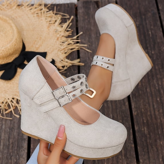 Willtoo Women’s Double Buckle Mary Jane Wedge Pumps, Faux Suede Platform Closed Toe High Heel Shoes, Party Dress Casual Heels