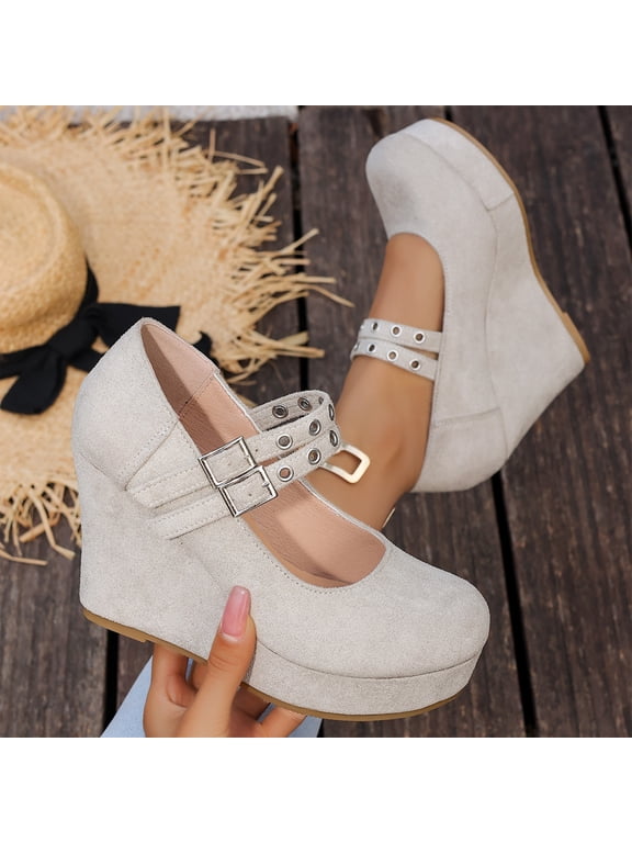 Women’s Double Buckle Mary Jane Wedge Pumps, Faux Suede Platform Closed Toe High Heel Shoes, Party Dress Casual Heels