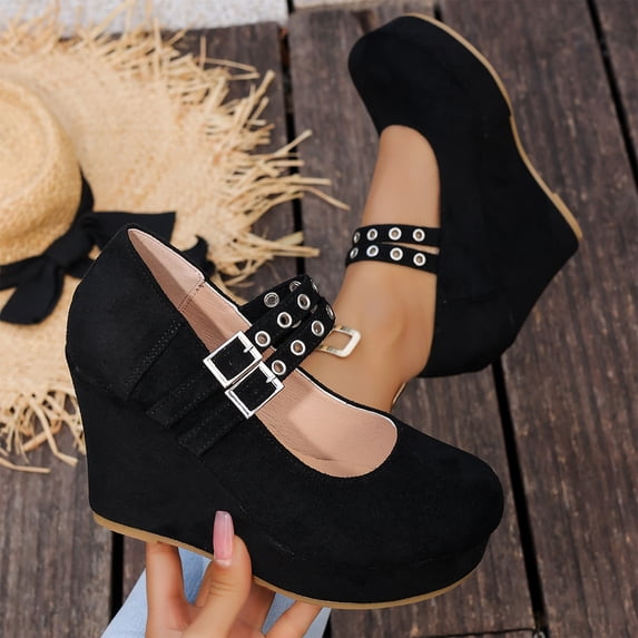 Willtoo Women’s Double Buckle Mary Jane Wedge Pumps, Faux Suede Platform Closed Toe High Heel Shoes, Party Dress Casual Heels