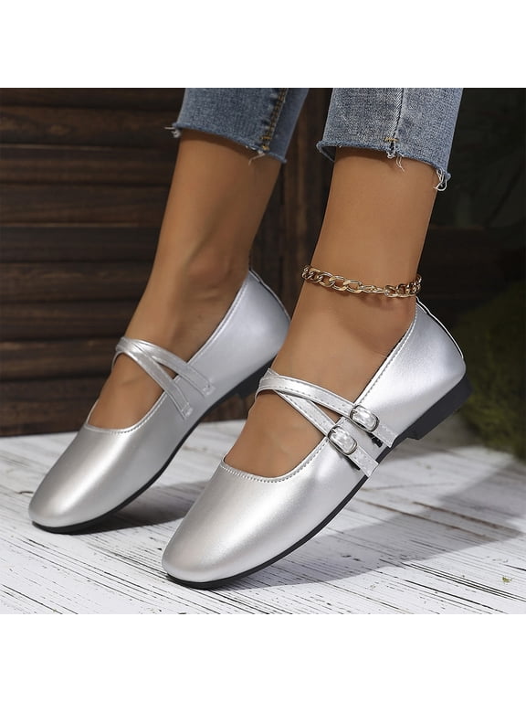 Women's Double Strap Mary Jane Flats, Comfortable Square Toe Slip on Loafers, Trendy Elegant Dressy Ballet Sneakers