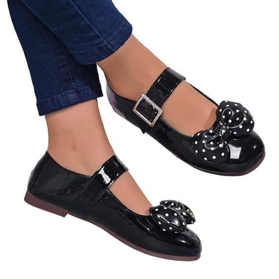Willtoo Women's Dress Shoes Mary Jane Polka Dot Bow Ballet Flats Adjustable Buckle Strap Round Toe Non Slip Flat Shoes Party Wedding School Shoes