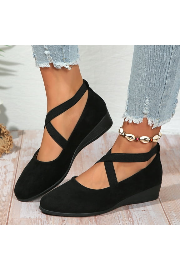 Women's Elastic Ankle Strap Shoes Softable Pointy-Toe Flock Flat Solid Low Wedge Dressy Casual Elegant Flats Shoes Black US-6.5(EU-37)