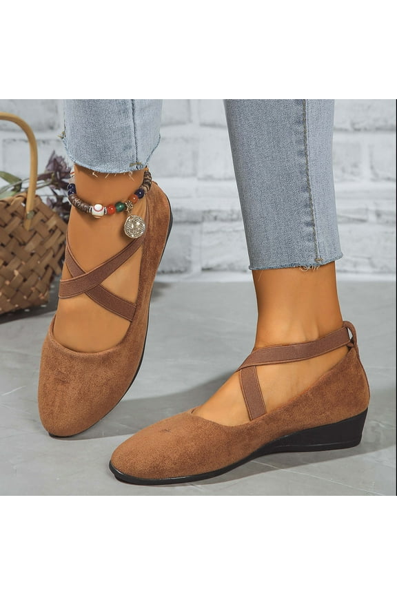 Women's Elastic Ankle Strap Shoes Softable Pointy-Toe Flock Flat Solid Low Wedge Dressy Casual Elegant Flats Shoes Brown US-8(EU-40)