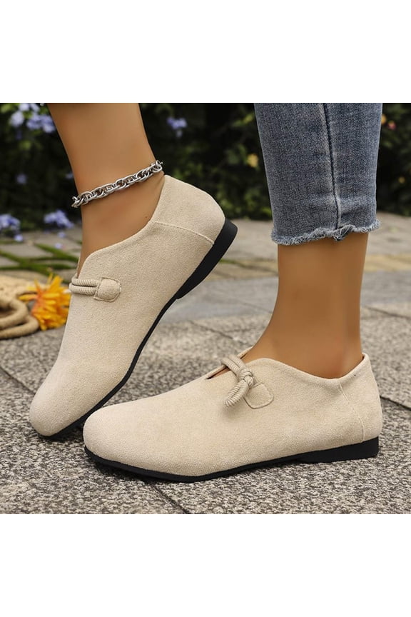 Women's Fall Flock Ballet Flats Round Closed Toe Solid Casual Comfortable Flat Shoes Drawstring Low Wedge Heel Shoes Beige