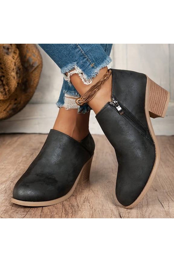 Women's Fall Winter New Pointed Toe Chunky Heel Zipper Back Ankle Boots, Stylish High Heels for Ladies, Comfortable and Trendy Footwear Black