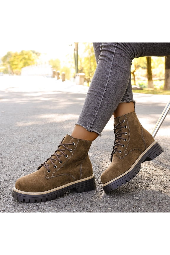 Women's Fashion Ankle Boots Low Heels Chunky Lace-up Combat Boot Platform Lug Sole Non Slip Short Boots for Women Casual Round Toe Side Zipper Fall Winter Hiking Walking Booties Brown