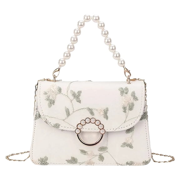 Willtoo Women's Fashion Chain One Shoulder Crossbody Non-positioning Lace Embroidery Pearl Handbag Small Square Bag