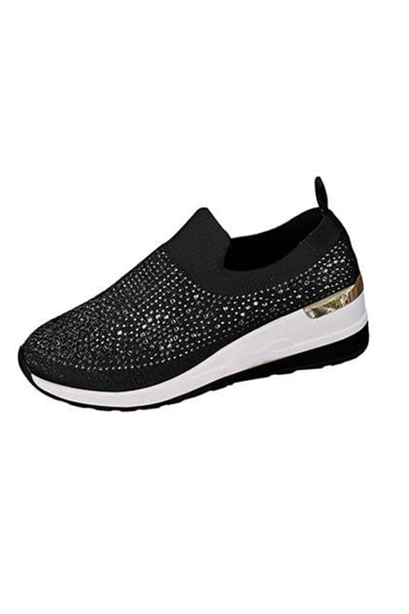 Women's Fashion Glitter Rhinestone Decor Platform Wedge Sneakers, Breathable Mesh Sparkly Glitter Tennis Shoes for Women, Casual Slip-On Walking Shoes Black 9 Wide