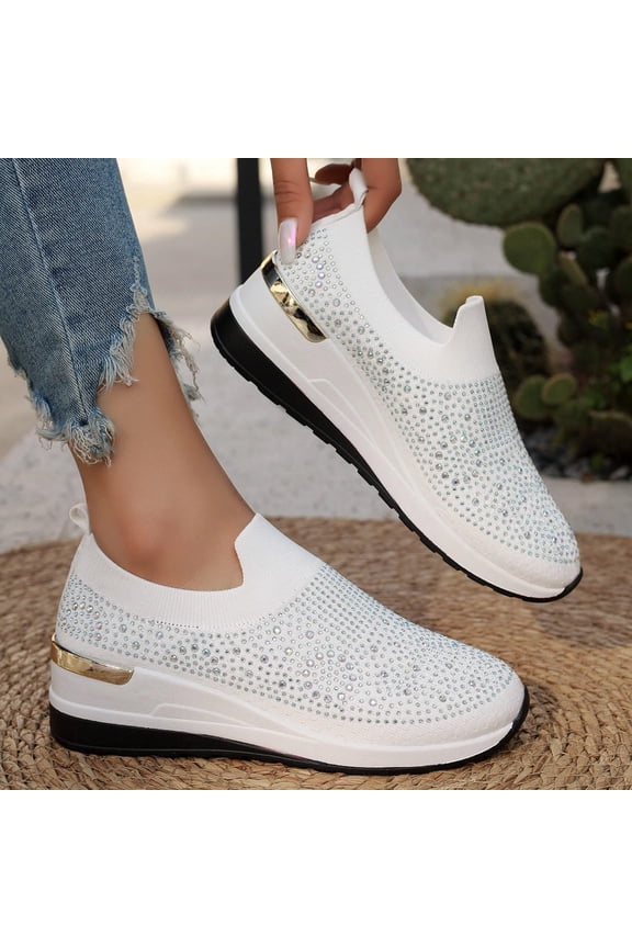 Women's Fashion Glitter Rhinestone Decor Platform Wedge Sneakers, Breathable Mesh Sparkly Glitter Tennis Shoes for Women, Casual Slip-On Walking Shoes White 9.5 Wide