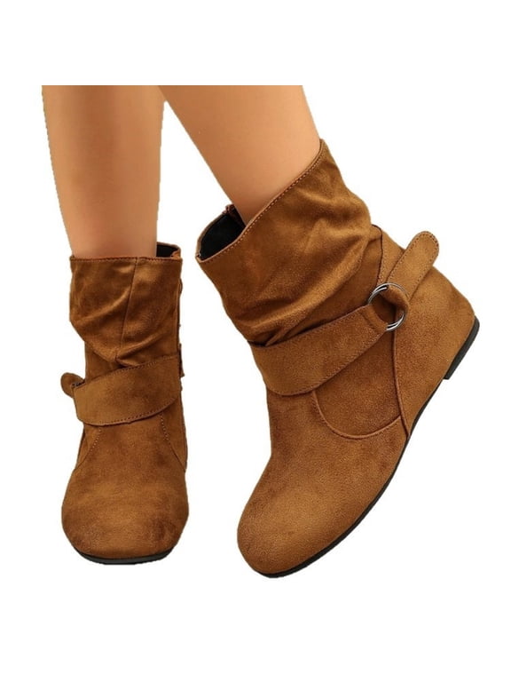 Women's Fashion Mid Calf Flat Heel Side Zipper Slouch Boots Booties