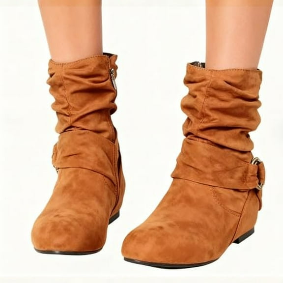 Willtoo Women's Fashion Mid Calf Flat Heel Side Zipper Slouch Boots Brown