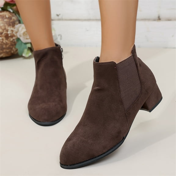 Willtoo Women's Fashionable Ankle Boots with Side Zipper, Thick Heel, Pointed Toe, suitable for autumn and winter outfits. Coffee