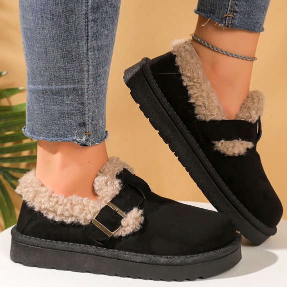 Willtoo Women's Fashionable Cotton Shoes, Adjustable Metal Buckle Slip On Winter Loafers, Warm and Thick-Soled Snow Boots, Non-Slip Walking Casual Shoes