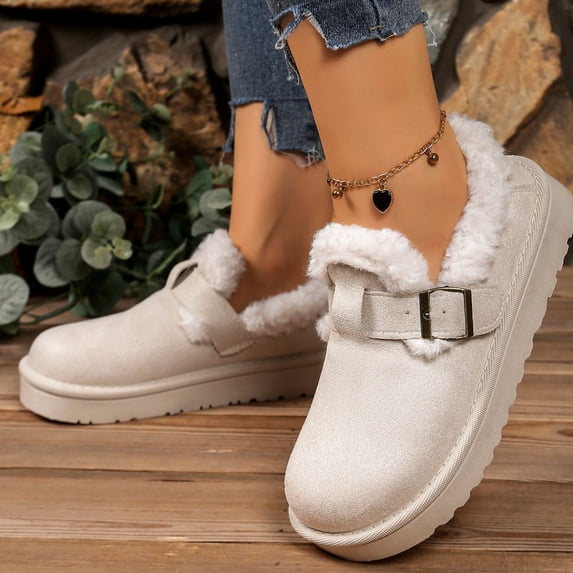 Willtoo Women's Fashionable Cotton Shoes, Adjustable Metal Buckle Slip On Winter Loafers, Warm and Thick-Soled Snow Boots, Non-Slip Walking Casual Shoes