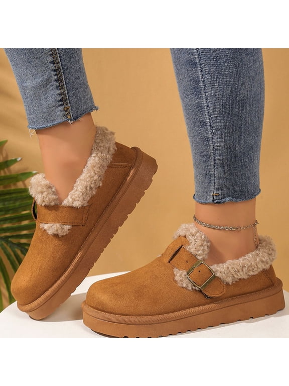 Women's Fashionable Cotton Shoes, Adjustable Metal Buckle Slip On Winter Loafers, Warm and Thick-Soled Snow Boots, Non-Slip Walking Casual Shoes