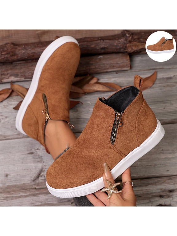 Women's Faux Suede Ankle Boots, Round Toe Side Zip High Top Sneakers with Chunky Sole, Casual Non-Slip Walking Footwear