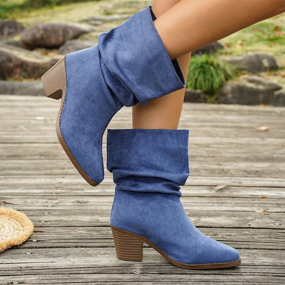Willtoo Women's Faux Suede Ankle Boots, Slouchy Ruched Chunky Heel Booties, Round Toe Comfortable Pull-On Casual Shoes