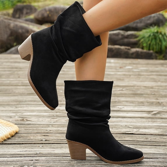 Willtoo Women's Faux Suede Ankle Boots, Slouchy Ruched Chunky Heel Booties, Round Toe Comfortable Pull-On Casual Shoes