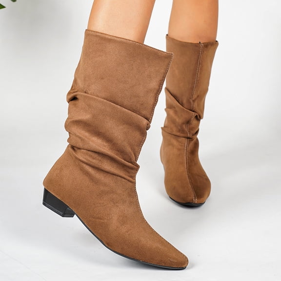 Willtoo Women's Faux Suede Mid Calf Boots, Slouchy Ruched Flat Boots with Pointed Toe, Comfortable Pull-On Low Heel Casual Shoes