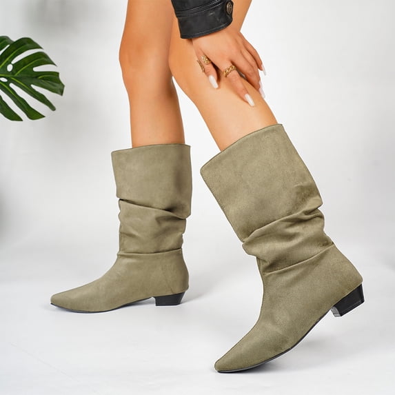 Willtoo Women's Faux Suede Mid Calf Boots, Slouchy Ruched Flat Boots with Pointed Toe, Comfortable Pull-On Low Heel Casual Shoes