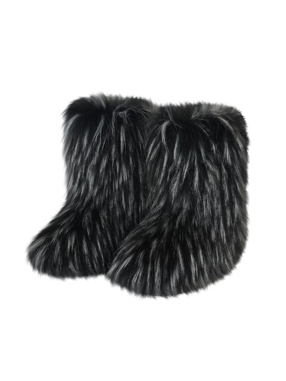 Women's Faux fur Boot Warm Comfortable Outdoor Flat Shoes Furry Fluffy Short Snow 2025 Boot Mid-Calf Boots Black US-7(EU-38)
