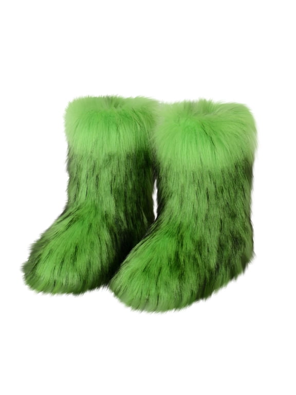 Women's Faux fur Boot Warm Comfortable Outdoor Flat Shoes Furry Fluffy Short Snow 2025 Boot Mid-Calf Boots Green US-8(EU-40)