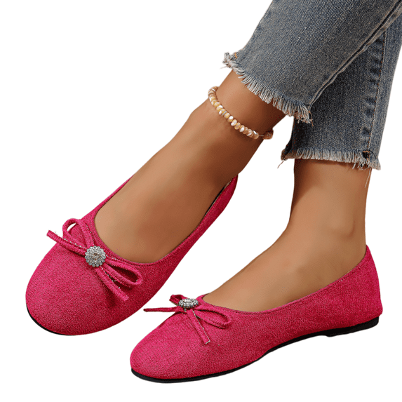 Willtoo Women’s Flats Round Toe Slip‑on Ballet Shoes, Bow Rhinestone Decor Soft Lightweight Dress Casual Footwear Office Dating Daily Walking Shoes