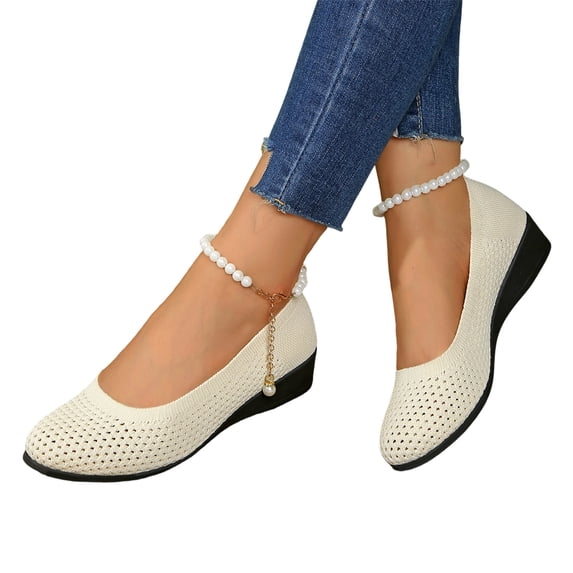 Willtoo Women's Flats Slip On Pearl-Embellished Go Walk Shoes for Women Comfortable Walking Sneakers Knit Low Wedge Dressy Ballet Shoes