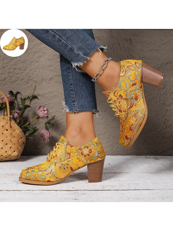 Women's Floral Embroidered Lace Up Oxford Heels, Round Toe Chunky Block Heel Dress Shoes, Vintage Printed Upper Non Slip Fashion Pumps