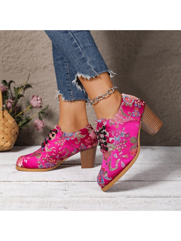 Women's Floral Embroidered Lace Up Oxford Heels, Round Toe Chunky Block Heel Dress Shoes, Vintage Printed Upper Non Slip Fashion Pumps